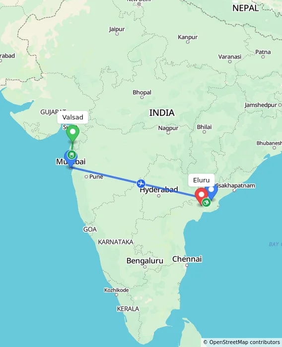 Route map showing distance and travel time from Valsad, India to Eluru, India