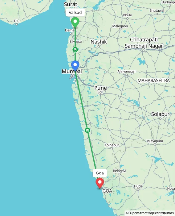 Route map showing distance and travel time from Valsad, India to Goa, India