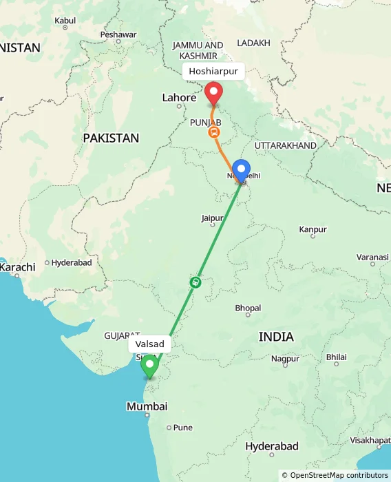 Route map showing distance and travel time from Valsad, India to Hoshiarpur, India