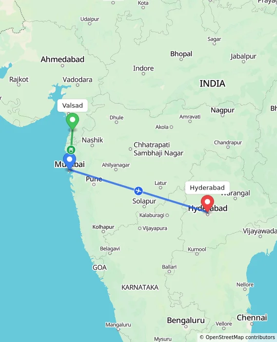 Route map showing distance and travel time from Valsad, India to Hyderabad, India