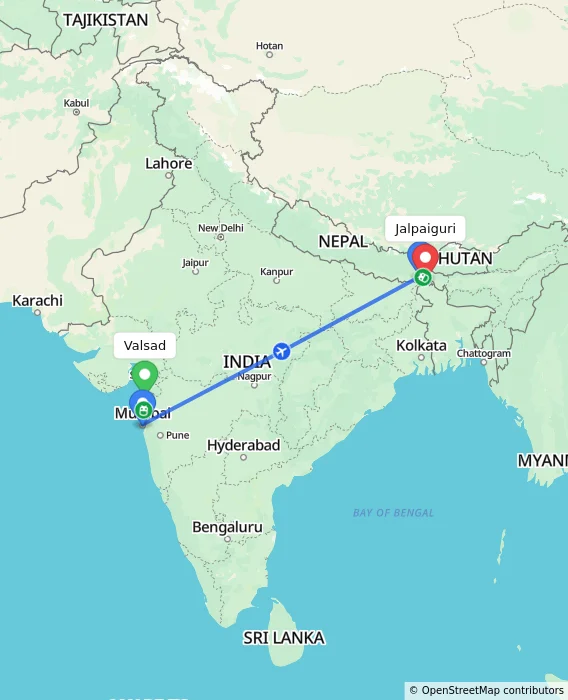 Route map showing distance and travel time from Valsad, India to Jalpaiguri, India