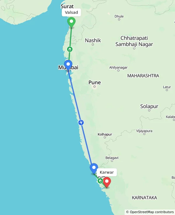 Route map showing distance and travel time from Valsad, India to Karwar, India
