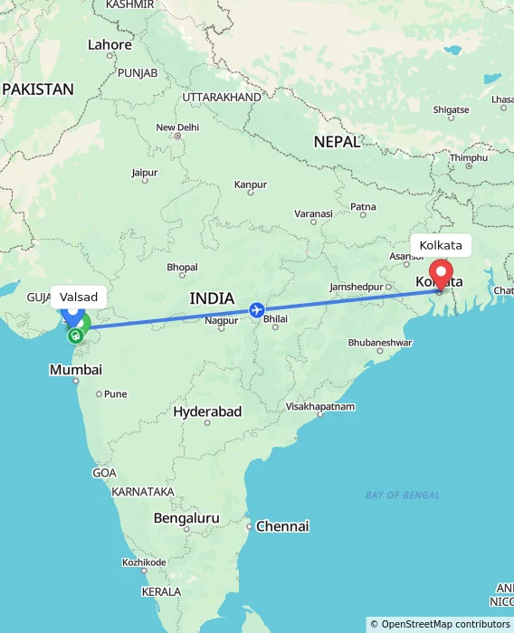Route map showing distance and travel time from Valsad, India to Kolkata, India