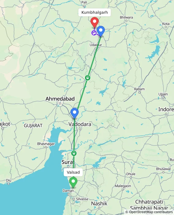 Route map showing distance and travel time from Valsad, India to Kumbhalgarh, India