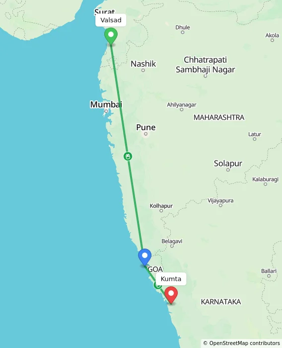 Route map showing distance and travel time from Valsad, India to Kumta, India