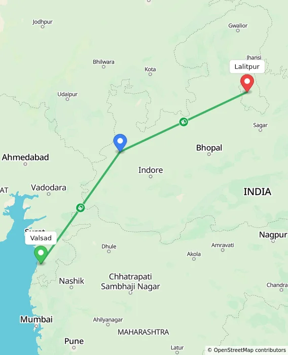 Route map showing distance and travel time from Valsad, India to Lalitpur, India