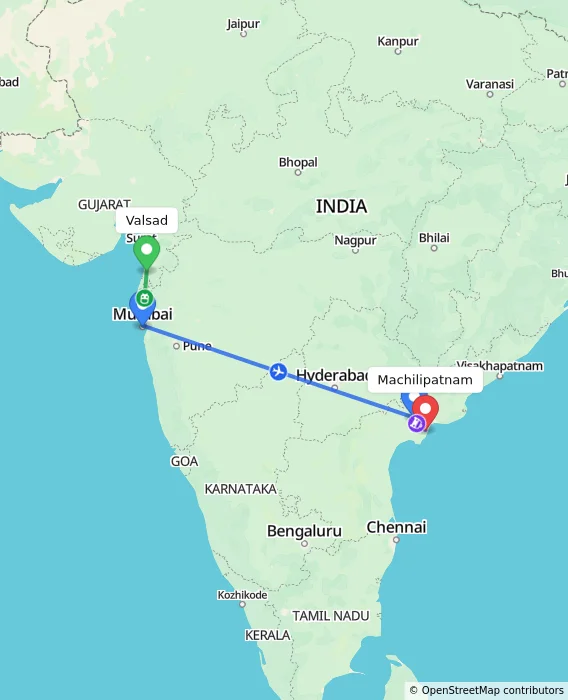 Route map showing distance and travel time from Valsad, India to Machilipatnam, India