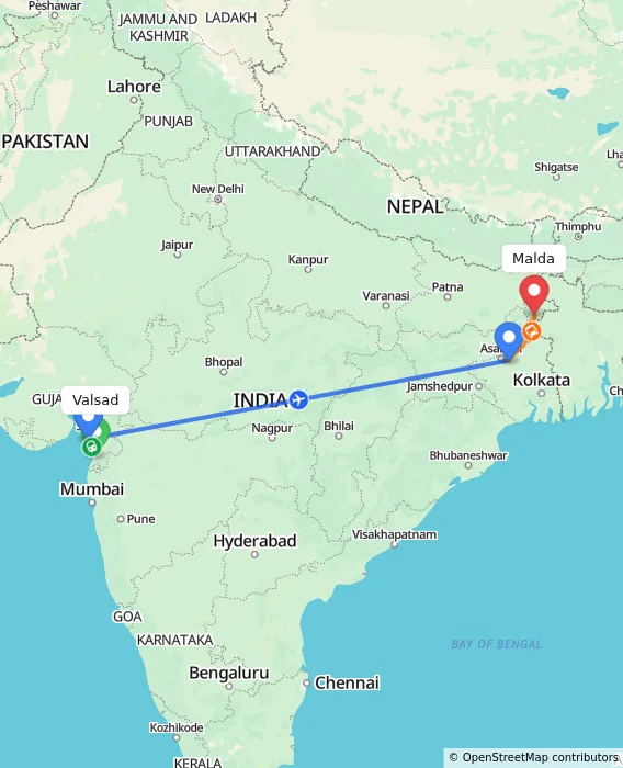 Route map showing distance and travel time from Valsad, India to Malda, India