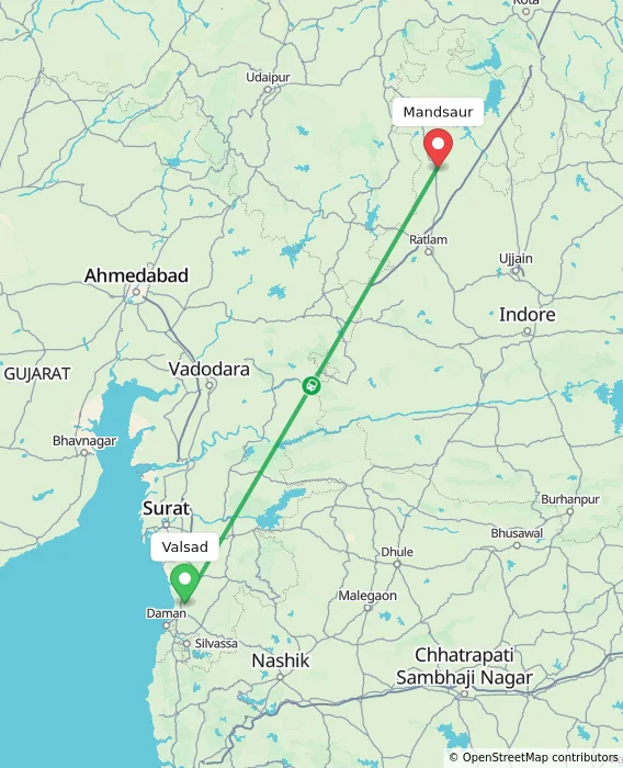 Route map showing distance and travel time from Valsad, India to Mandsaur, India