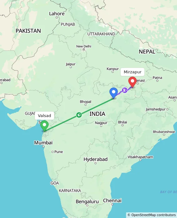 Route map showing distance and travel time from Valsad, India to Mirzapur, India