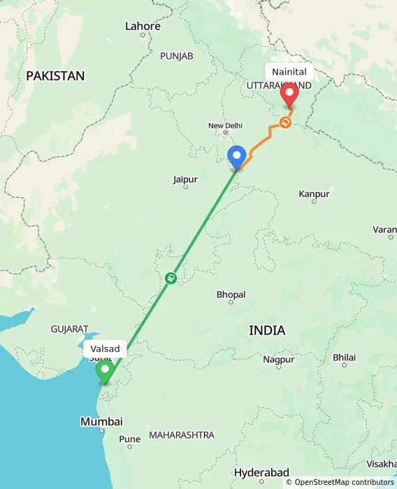 Route map showing distance and travel time from Valsad, India to Nainital, India