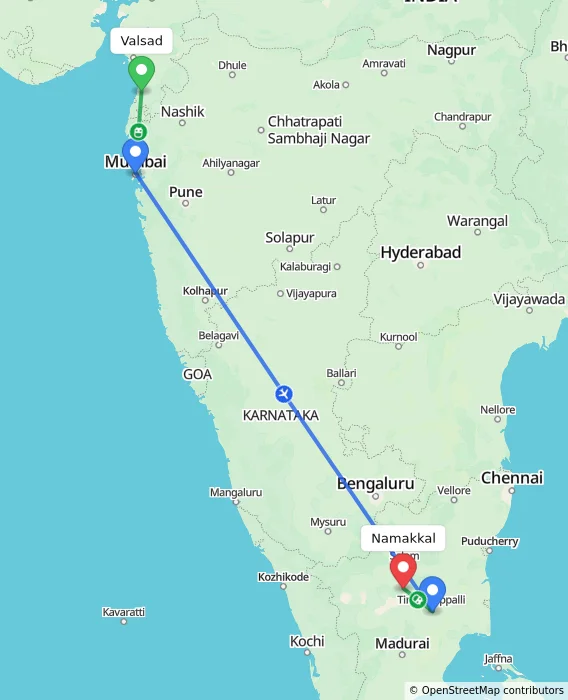 Route map showing distance and travel time from Valsad, India to Namakkal, India