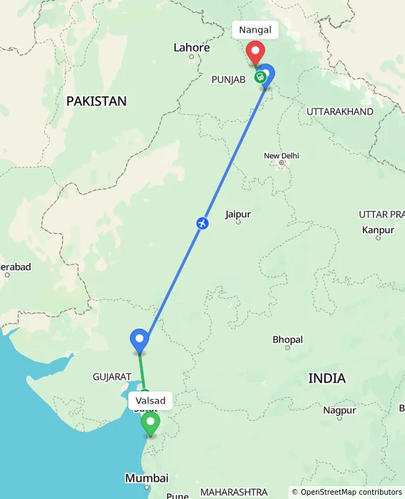Route map showing distance and travel time from Valsad, India to Nangal, India