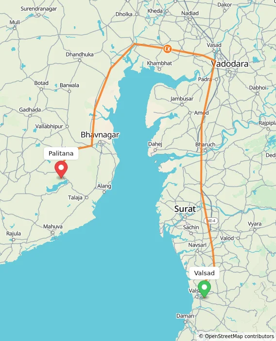 Route map showing distance and travel time from Valsad, India to Palitana, India
