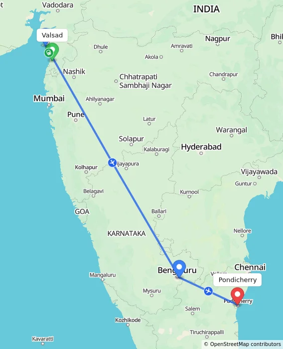 Route map showing distance and travel time from Valsad, India to Pondicherry, India