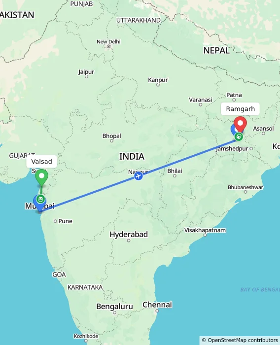 Route map showing distance and travel time from Valsad, India to Ramgarh, India