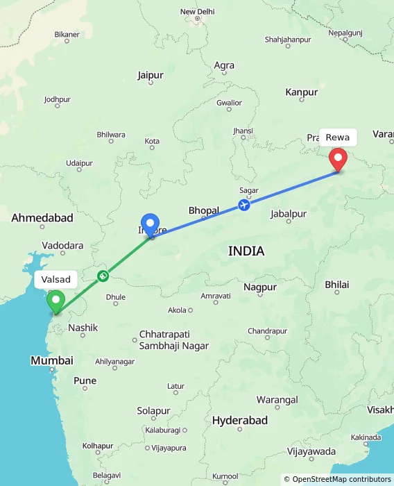 Route map showing distance and travel time from Valsad, India to Rewa, India