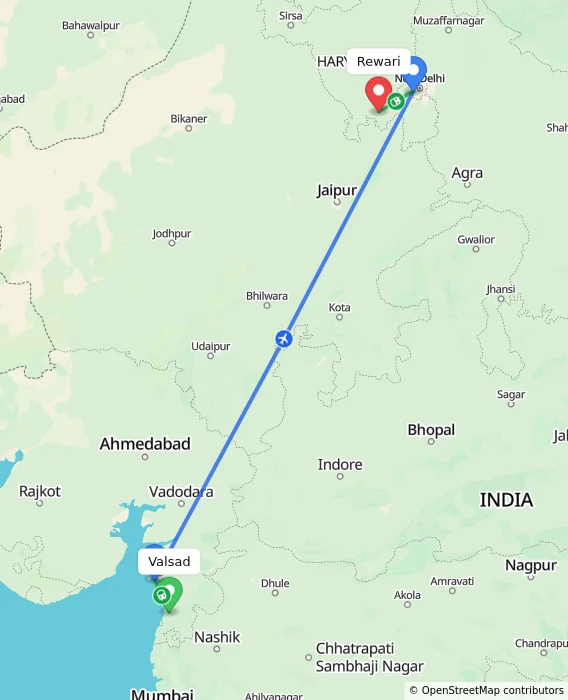 Route map showing distance and travel time from Valsad, India to Rewari, India