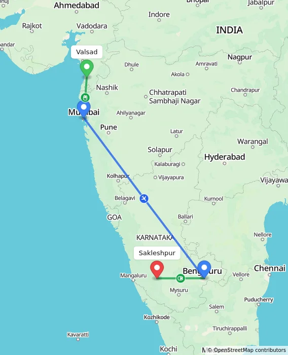 Route map showing distance and travel time from Valsad, India to Sakleshpur, India