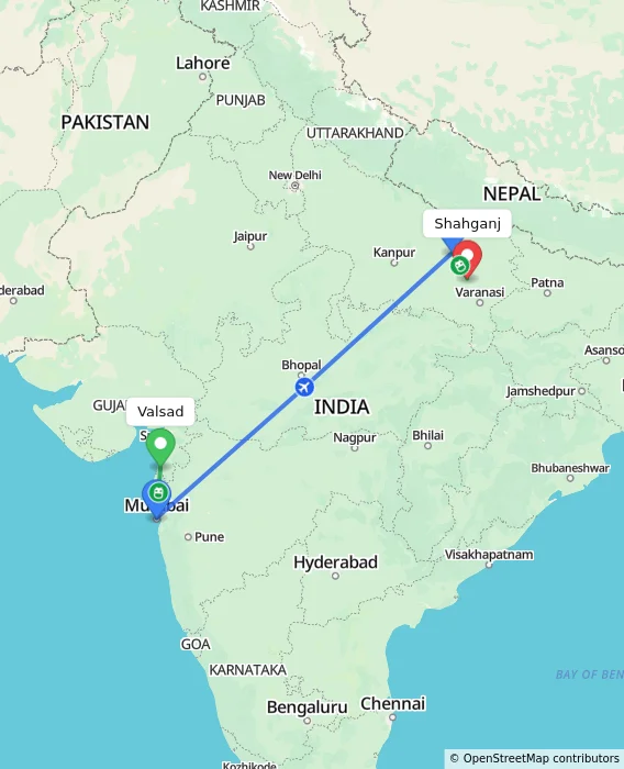 Route map showing distance and travel time from Valsad, India to Shahganj, India