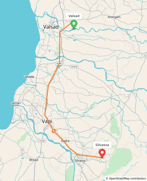 Route map showing distance and travel time from Valsad, India to Silvassa, India