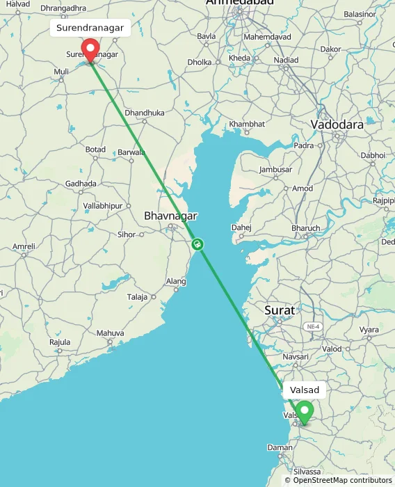 Route map showing distance and travel time from Valsad, India to Surendranagar, India