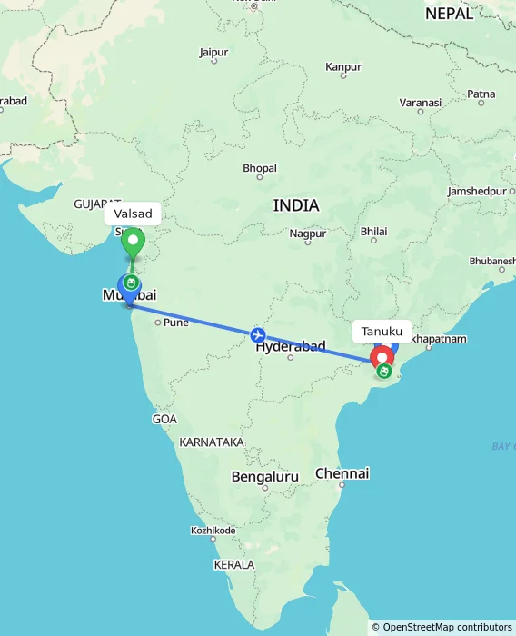 Route map showing distance and travel time from Valsad, India to Tanuku, India