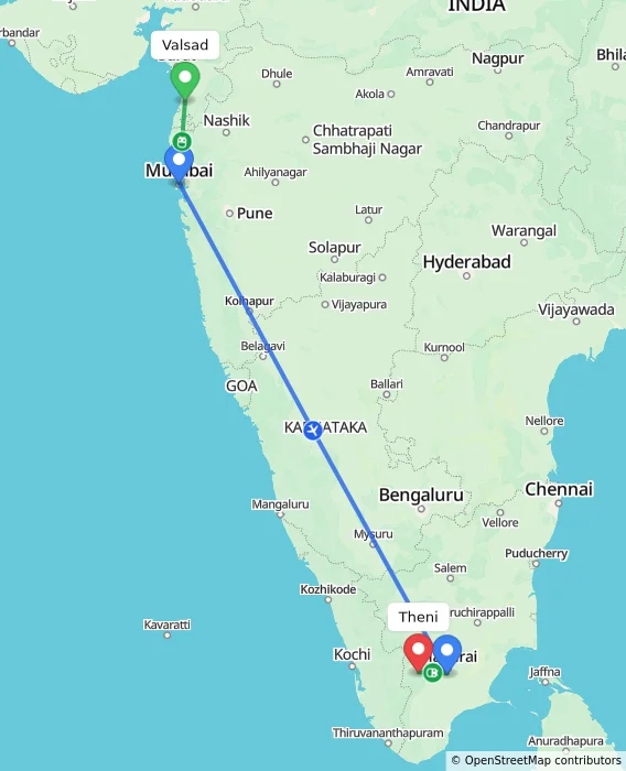 Route map showing distance and travel time from Valsad, India to Theni, India