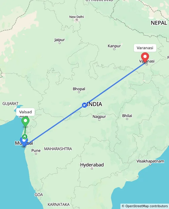 Route map showing distance and travel time from Valsad, India to Varanasi, India