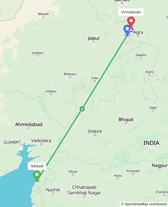 Route map showing distance and travel time from Valsad, India to Vrindavan, India
