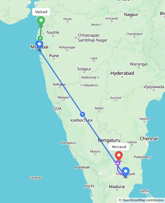 Route map showing distance and travel time from Valsad, India to Yercaud, India