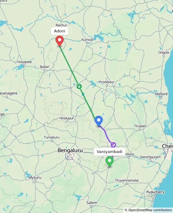 Route map showing distance and travel time from Vaniyambadi, India to Adoni, India