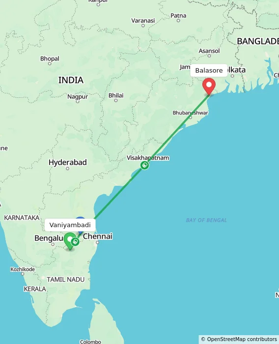 Route map showing distance and travel time from Vaniyambadi, India to Balasore, India