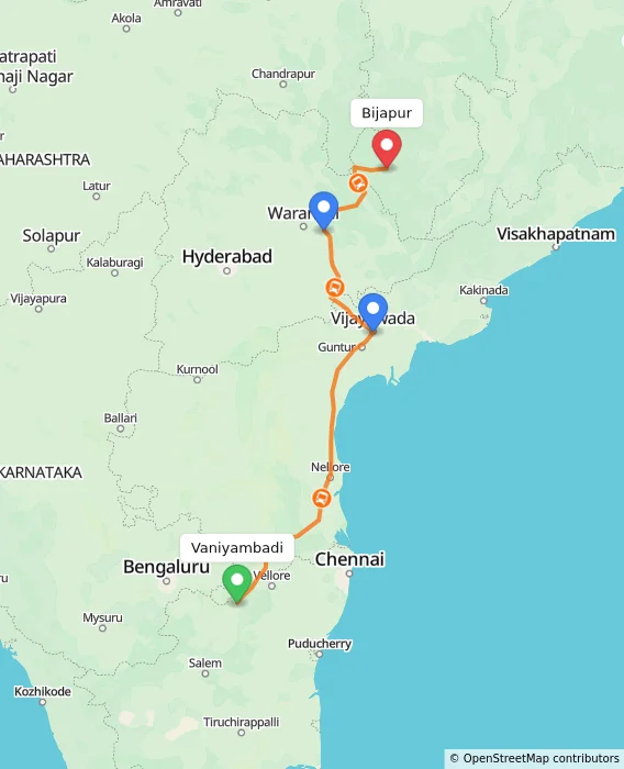 Route map showing distance and travel time from Vaniyambadi, India to Bijapur, India