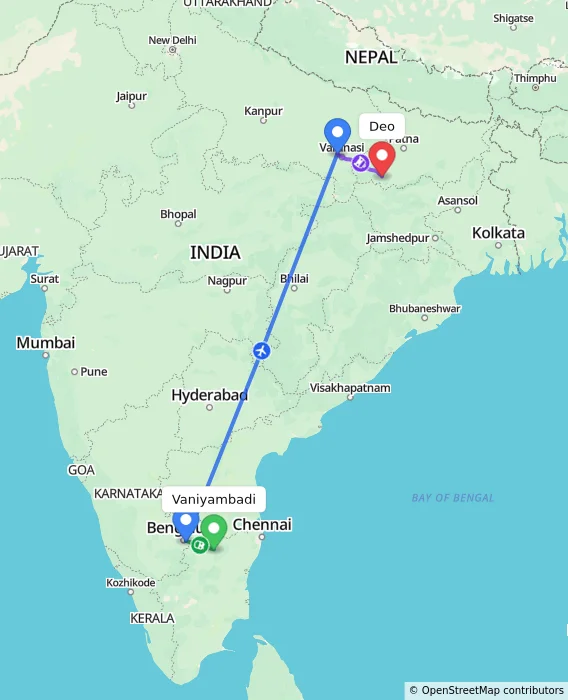 Route map showing distance and travel time from Vaniyambadi, India to Deo, India
