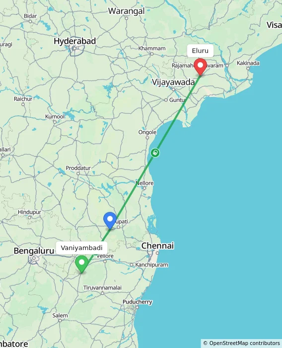 Route map showing distance and travel time from Vaniyambadi, India to Eluru, India