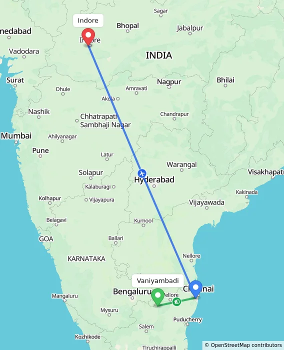 Route map showing distance and travel time from Vaniyambadi, India to Indore, India