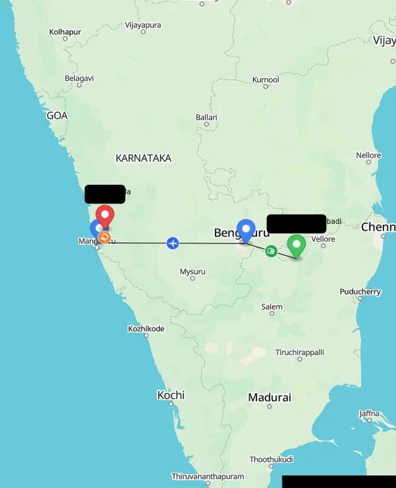 Route map showing distance and travel time from Vaniyambadi, India to Karkala, India