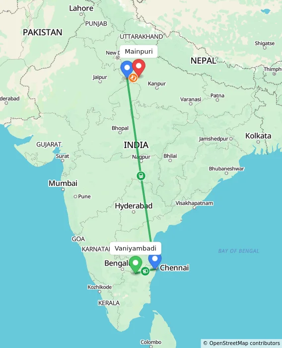 Route map showing distance and travel time from Vaniyambadi, India to Mainpuri, India