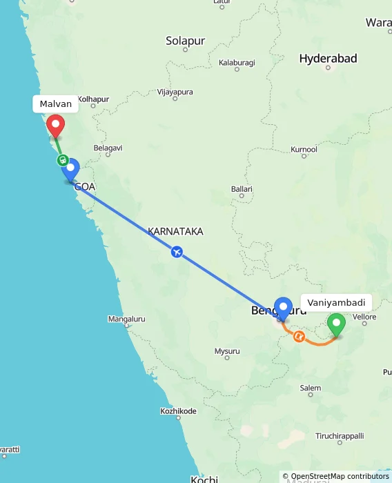 Route map showing distance and travel time from Vaniyambadi, India to Malvan, India