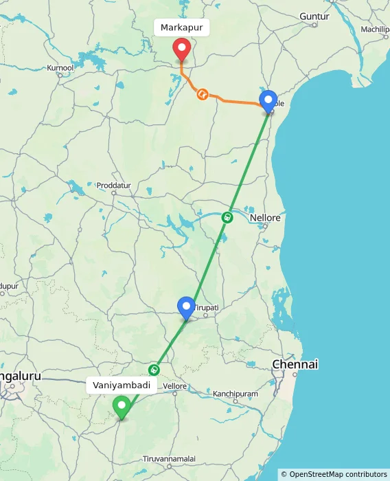 Route map showing distance and travel time from Vaniyambadi, India to Markapur, India