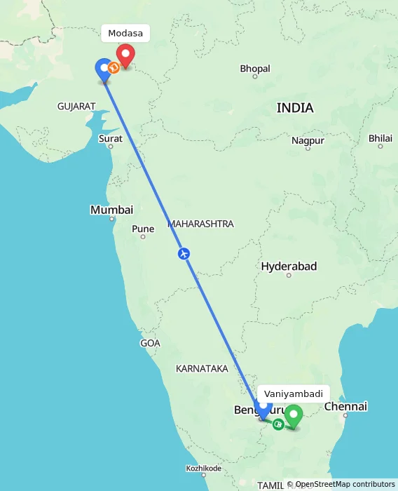 Route map showing distance and travel time from Vaniyambadi, India to Modasa, India