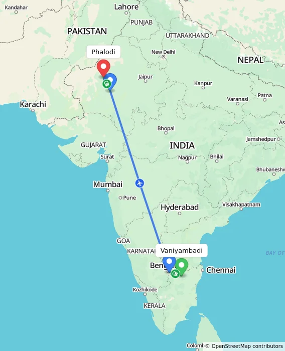 Route map showing distance and travel time from Vaniyambadi, India to Phalodi, India