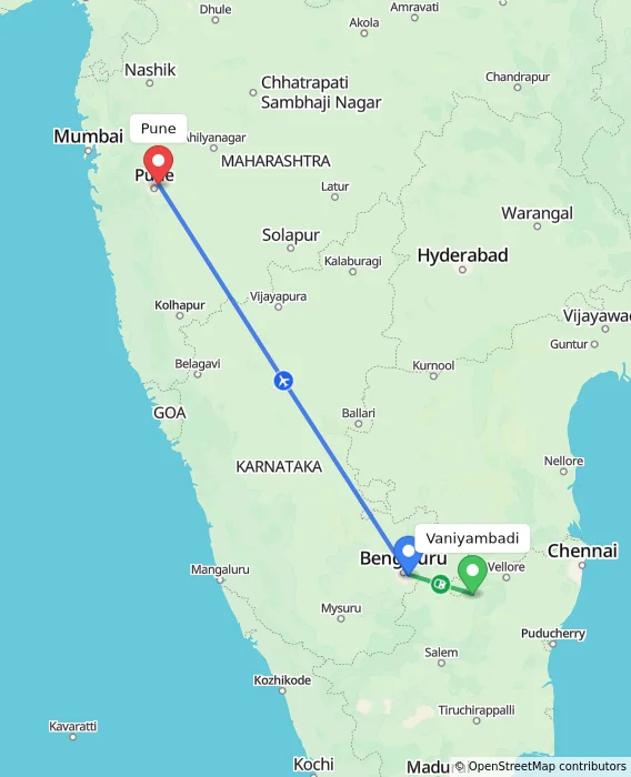 Route map showing distance and travel time from Vaniyambadi, India to Pune, India