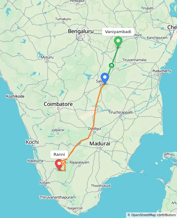 Route map showing distance and travel time from Vaniyambadi, India to Ranni, India