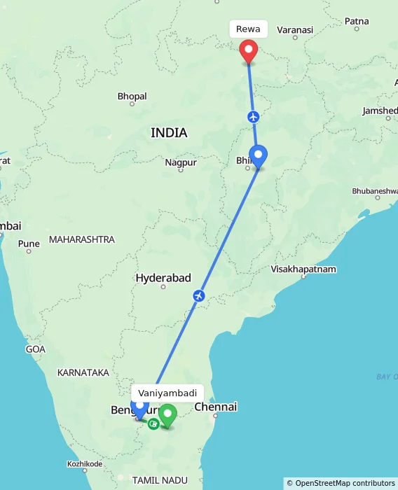 Route map showing distance and travel time from Vaniyambadi, India to Rewa, India