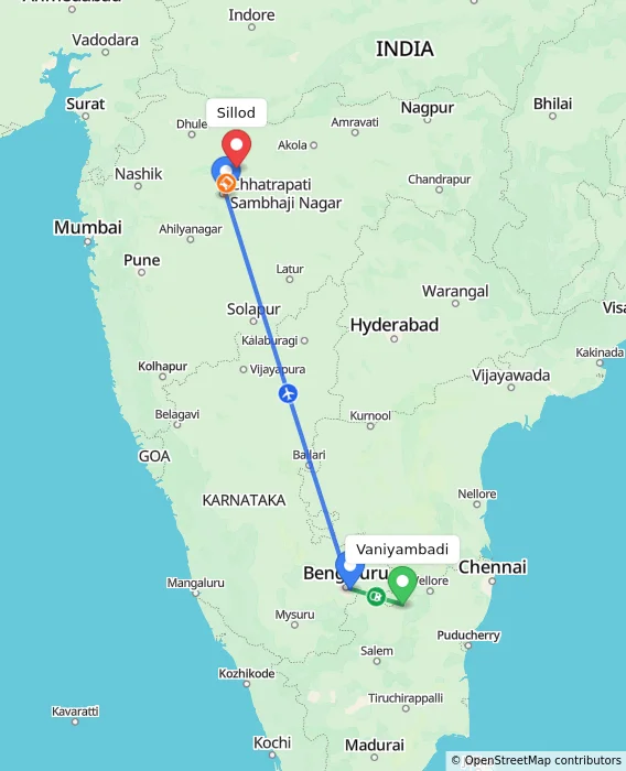 Route map showing distance and travel time from Vaniyambadi, India to Sillod, India