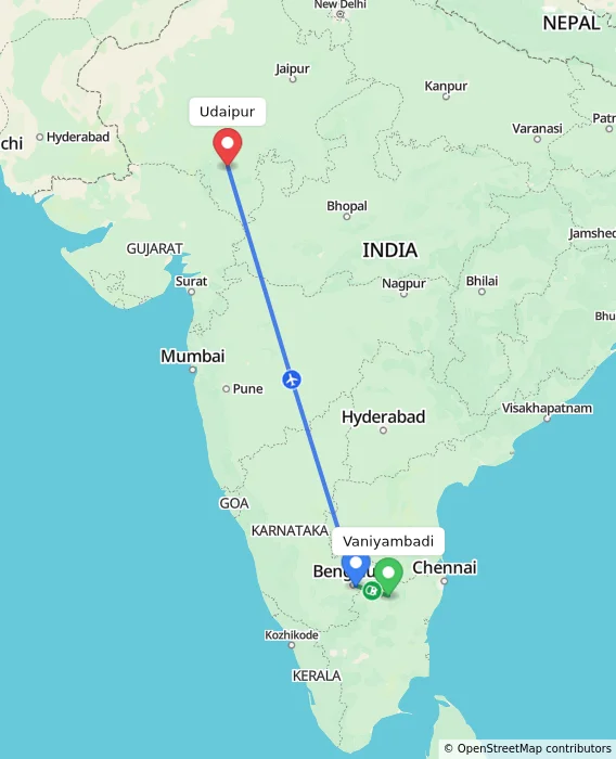 Route map showing distance and travel time from Vaniyambadi, India to Udaipur, India