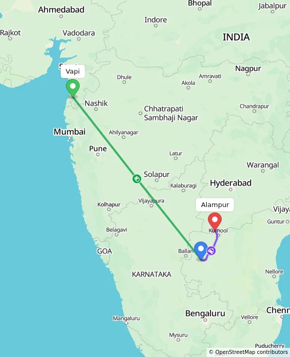 Route map showing distance and travel time from Vapi, India to Alampur, India