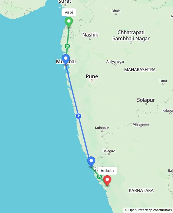 Route map showing distance and travel time from Vapi, India to Ankola, India